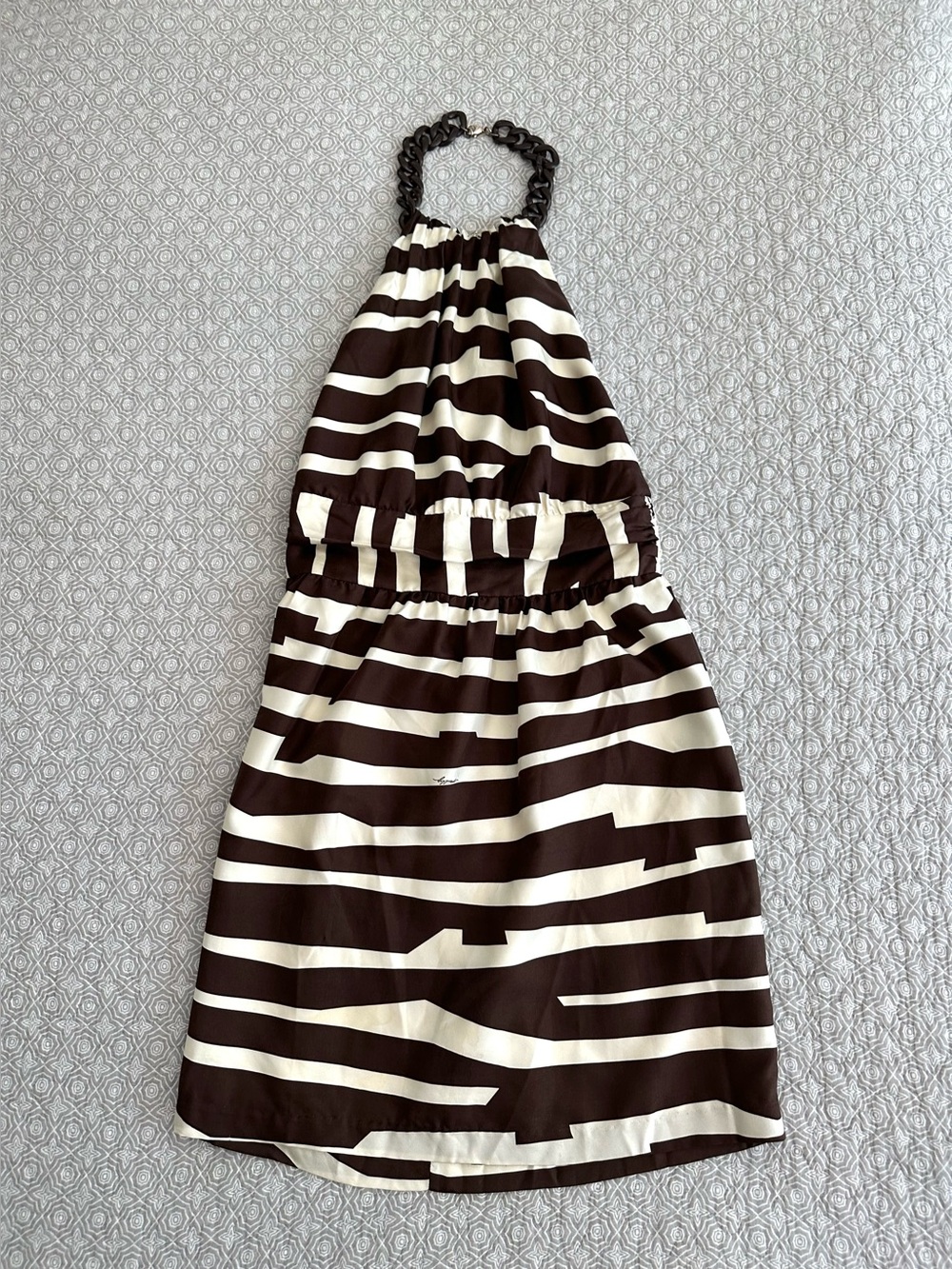 Vintage Milly of New York Silk Halter Dress Brown Cream Open Back Size M (10)